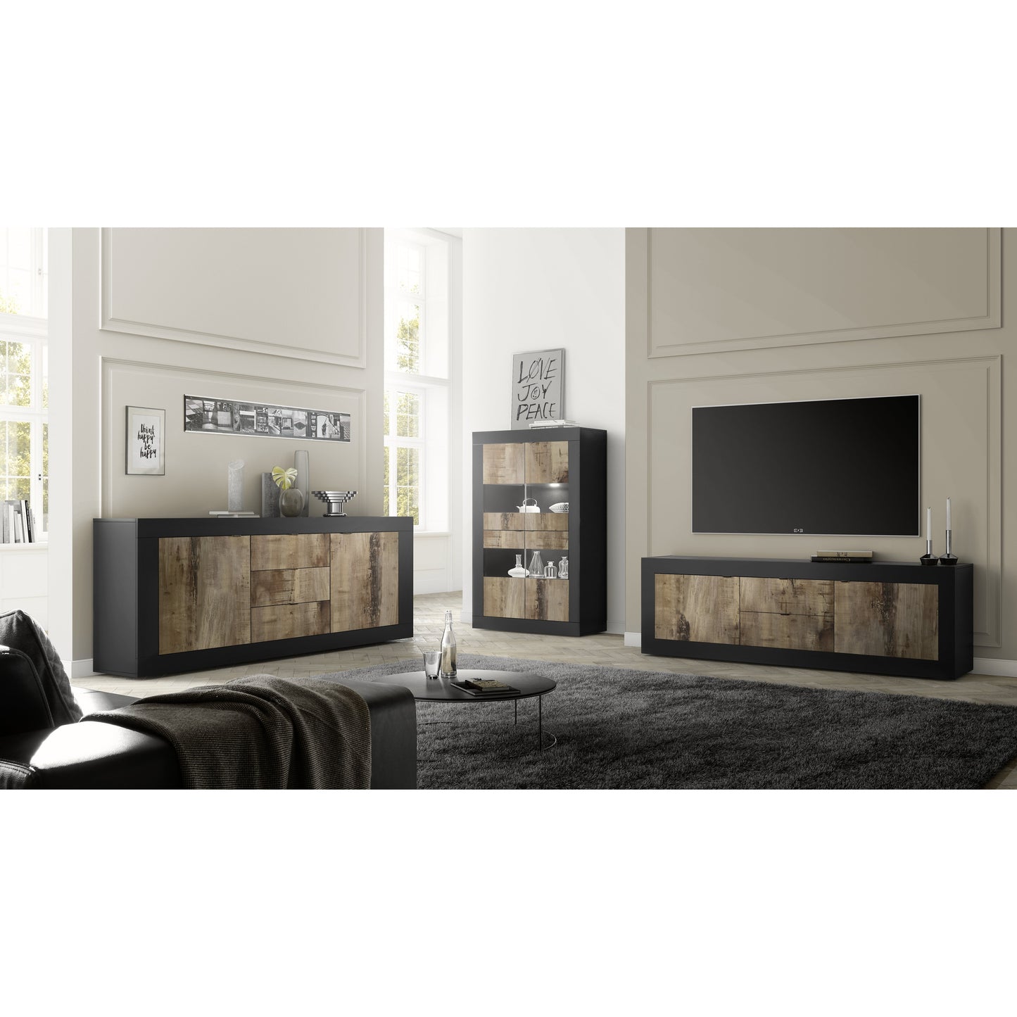 Selene Large 2 Door 2 Drawer Matt Black and Oak TV Unit - FurniComp