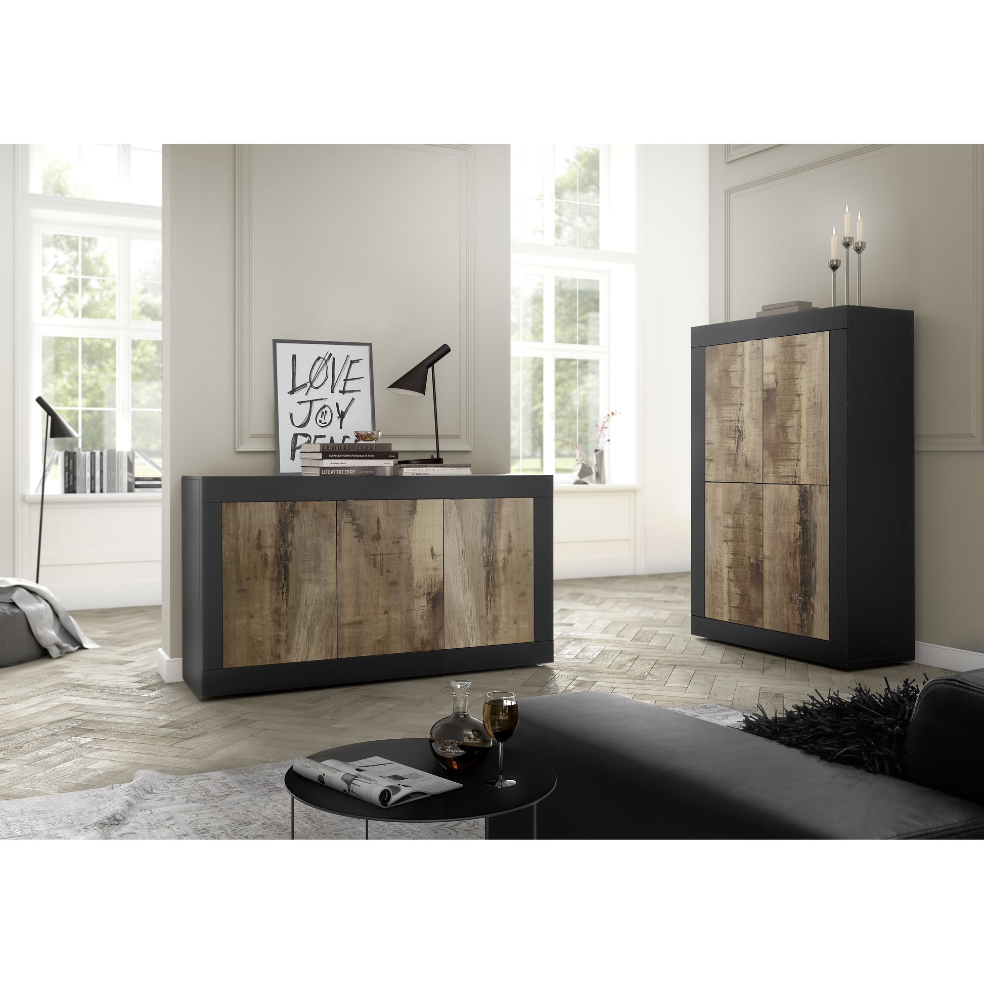 Selene 4 Door Matt Black and Oak Sideboard - FurniComp