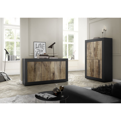 Selene Large 4 Door Matt Black & Oak Glass Display Cabinet - FurniComp