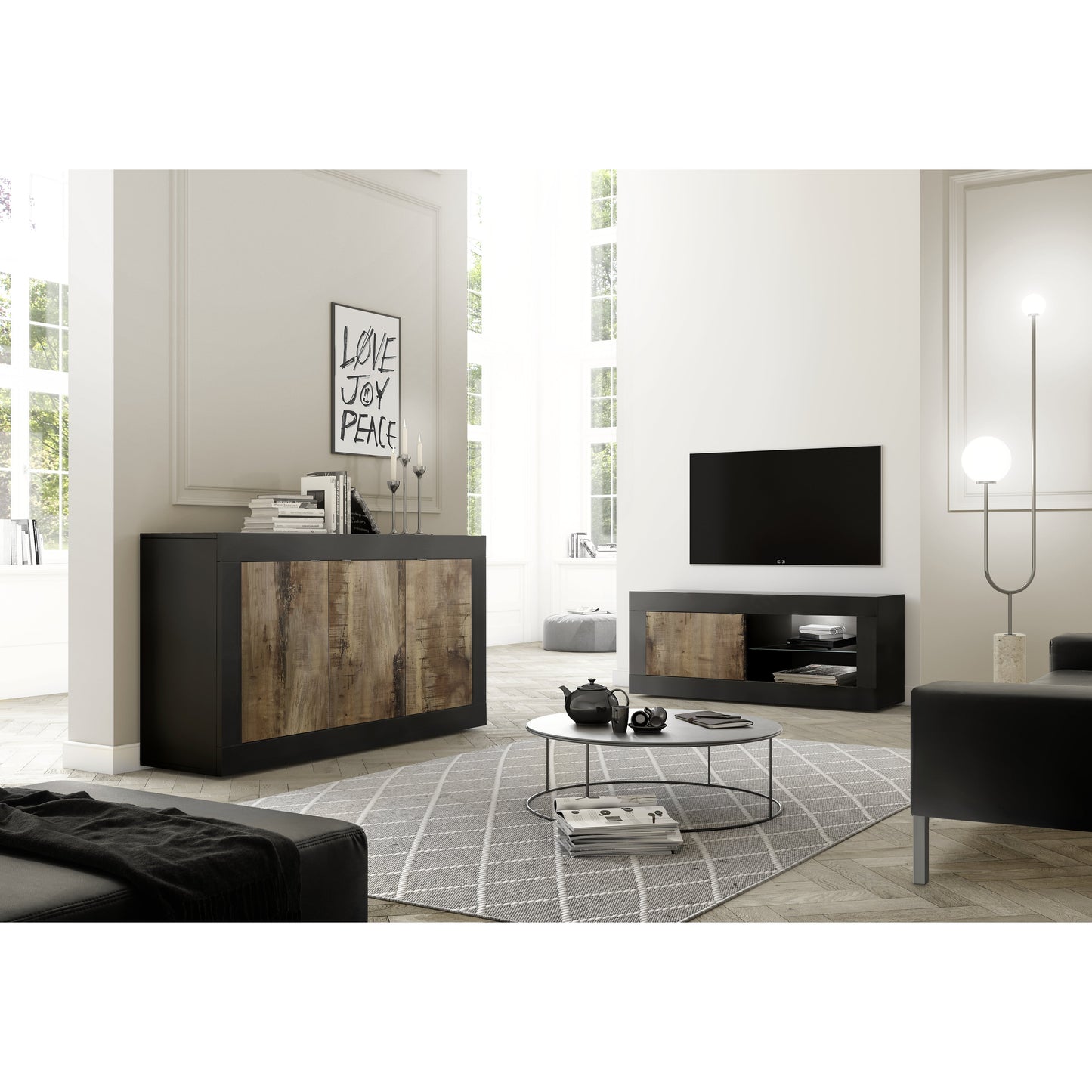 Selene Large 2 Door 2 Drawer Matt Black and Oak TV Unit - FurniComp