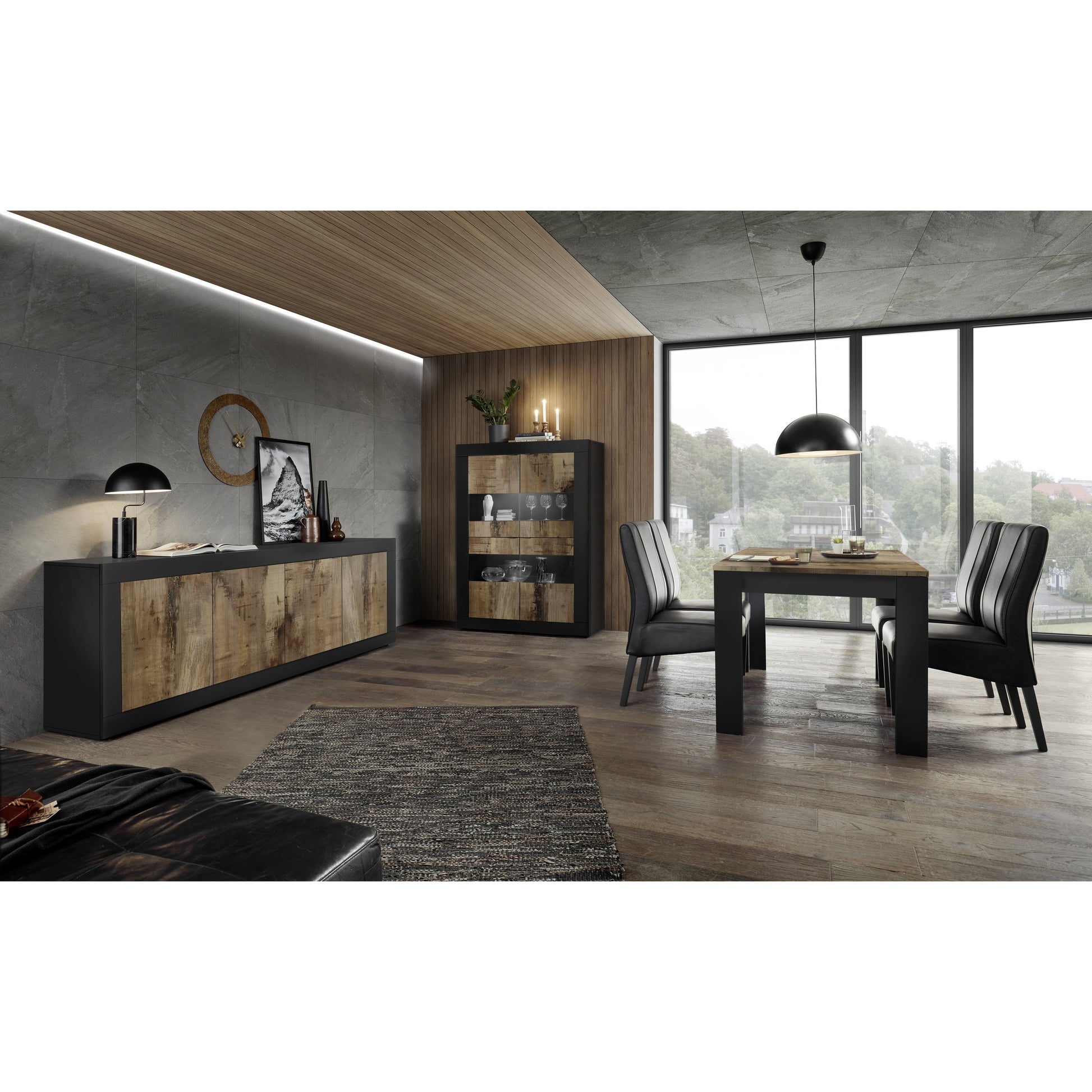 Selene Large 2 Door 2 Drawer Matt Black and Oak TV Unit - FurniComp