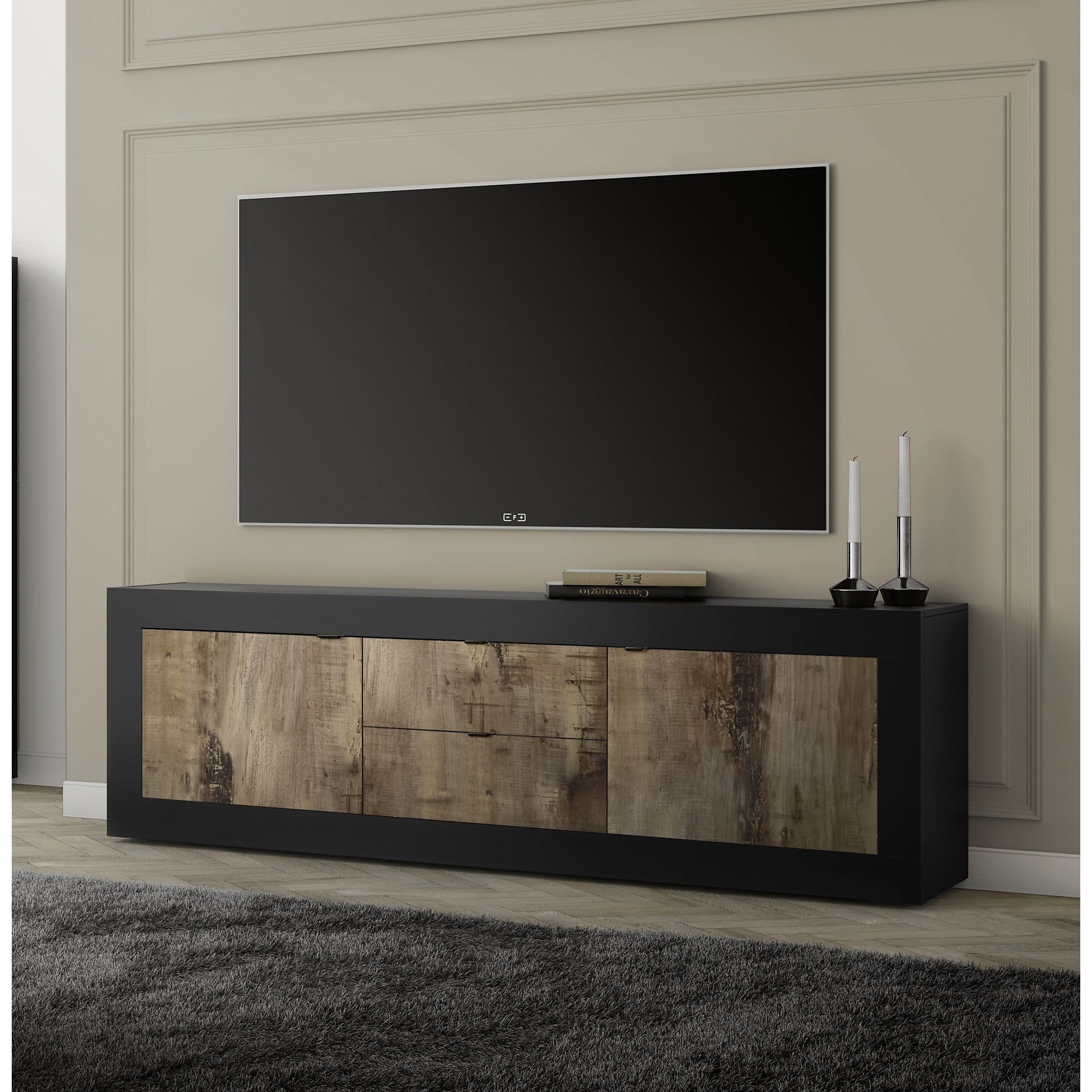 Selene Large 2 Door 2 Drawer Matt Black and Oak TV Unit - FurniComp