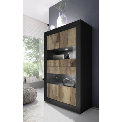 Selene Large 4 Door Matt Black & Oak Glass Display Cabinet - FurniComp