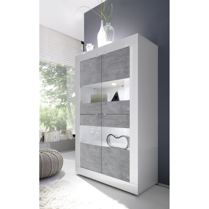 Selene Large 4 Door White Gloss and Concrete Grey Glass Display Cabinet - FurniComp