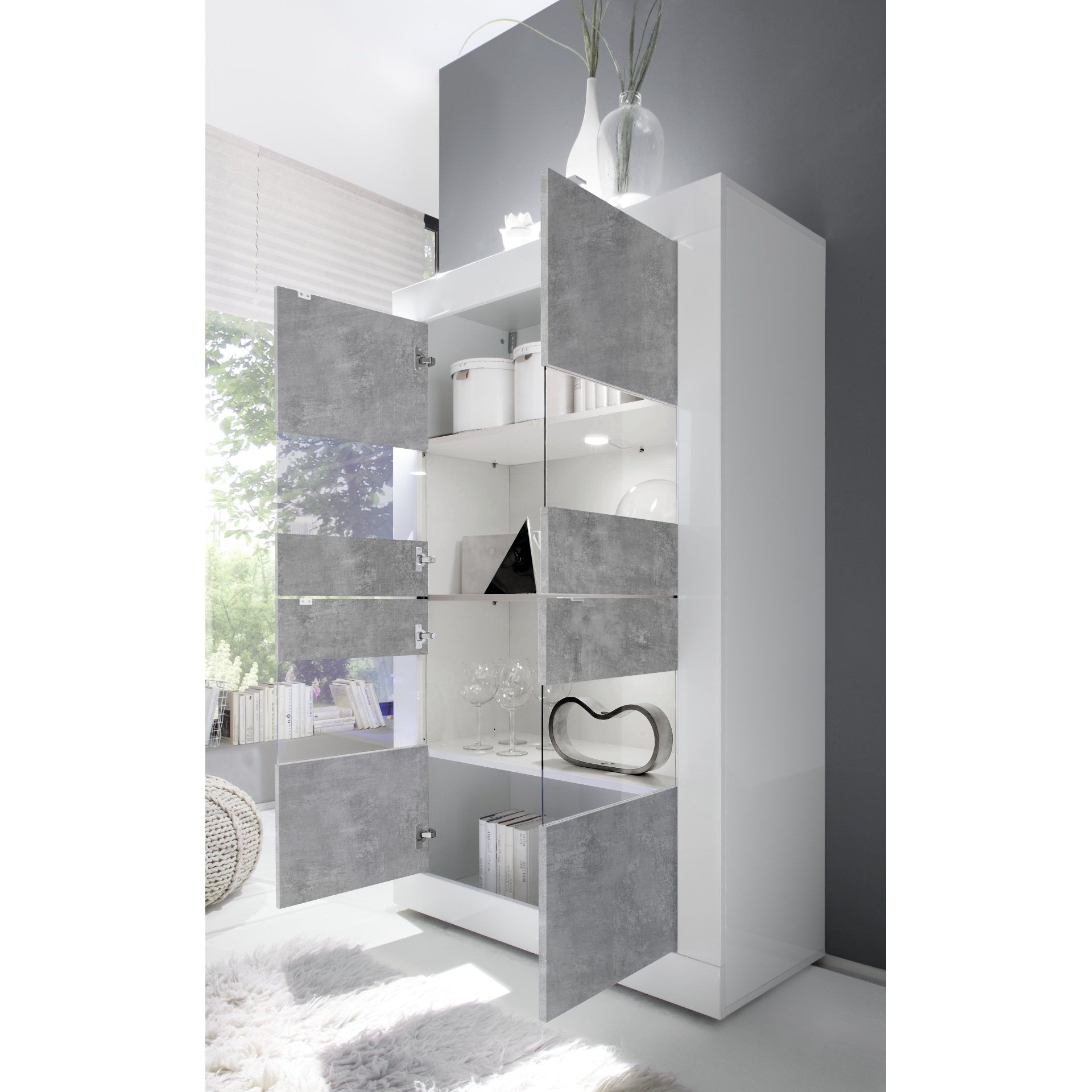 Selene Large 4 Door White Gloss and Concrete Grey Glass Display Cabinet - FurniComp