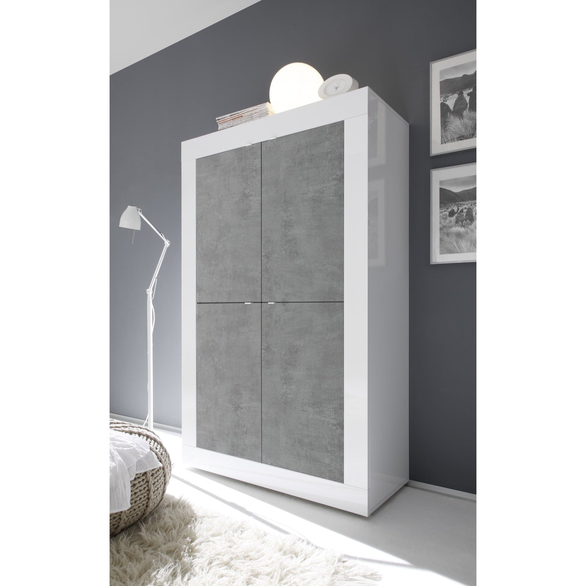 Selene Large 4 Door White Gloss and Grey Tall Sideboard/Highboard - FurniComp