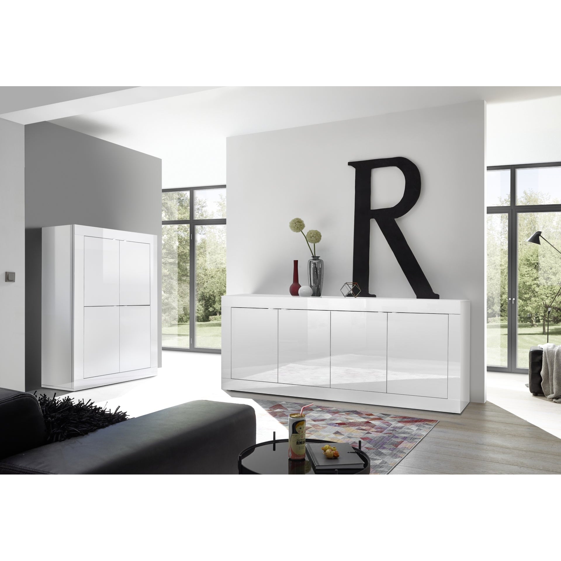 Selene Large 4 Door White Gloss Tall Sideboard/Highboard - FurniComp