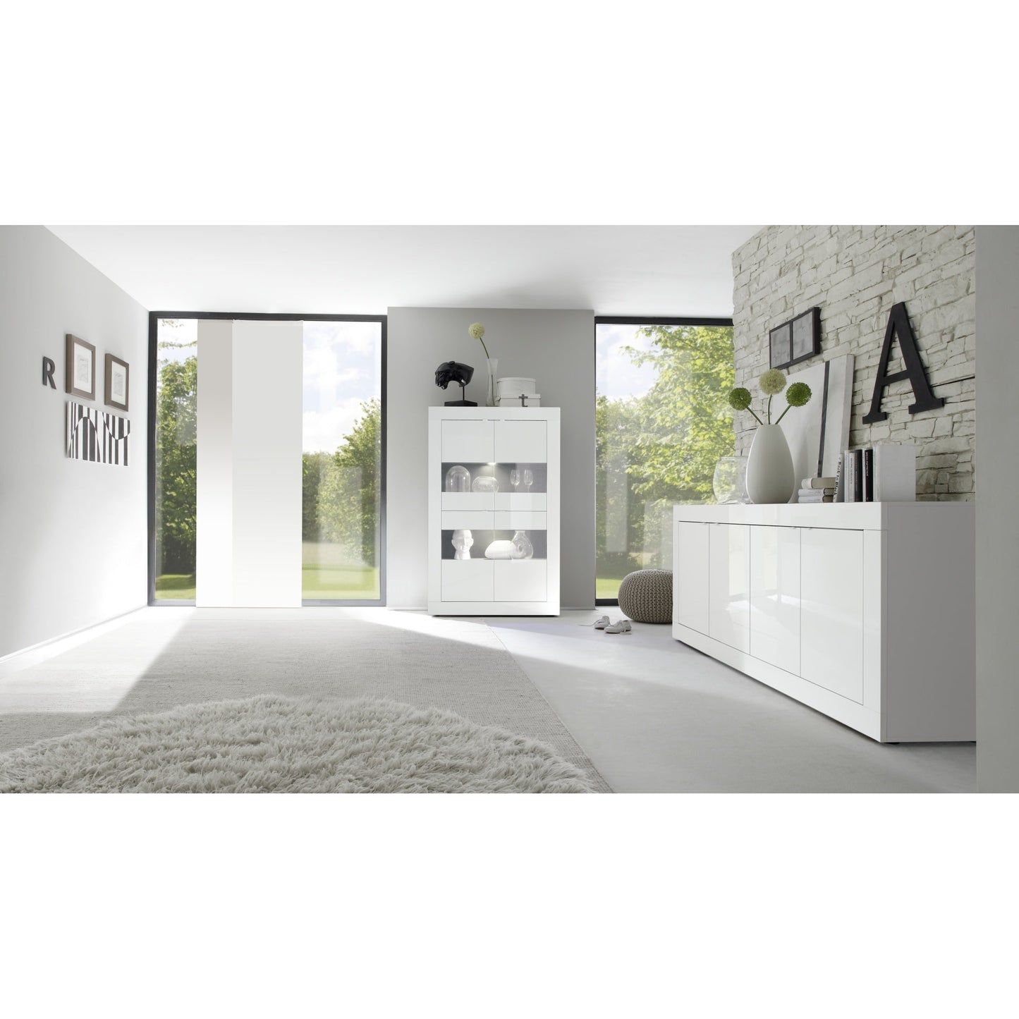 Selene Large 4 Door White Gloss Tall Sideboard/Highboard - FurniComp