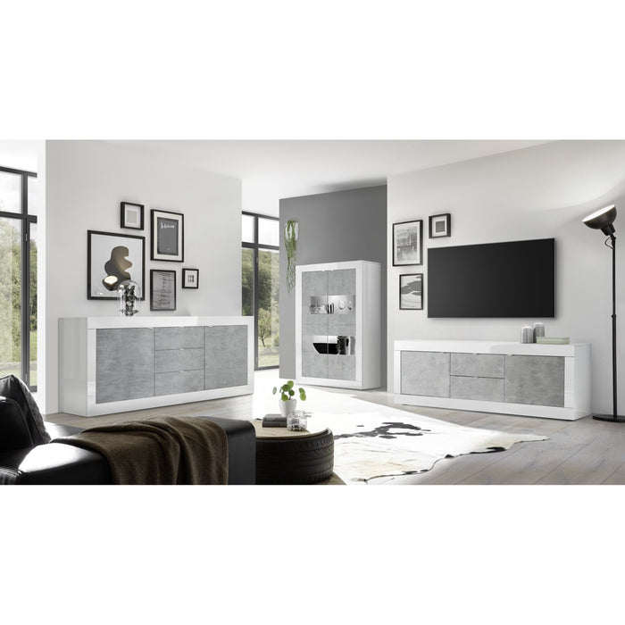Selene 2 Door 3 Drawer White Gloss and Concrete Grey Sideboard - FurniComp