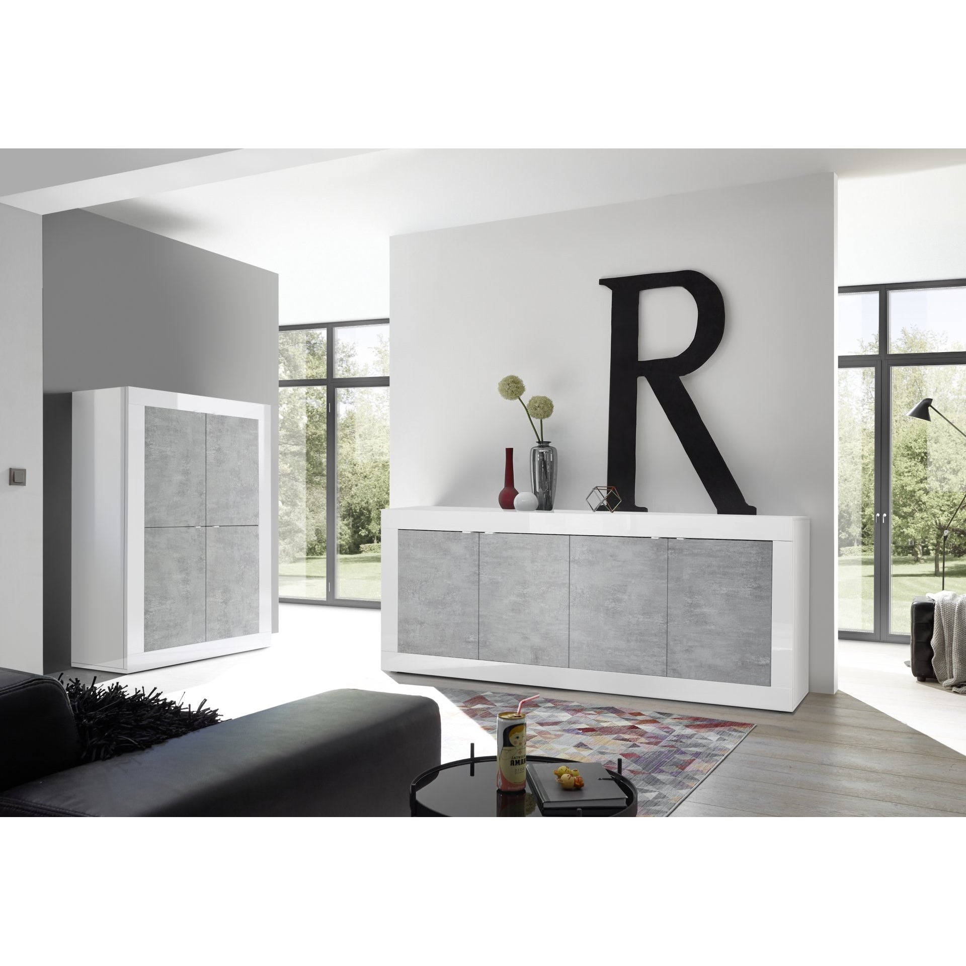 Selene 4 Door White Gloss and Concrete Grey Sideboard - FurniComp