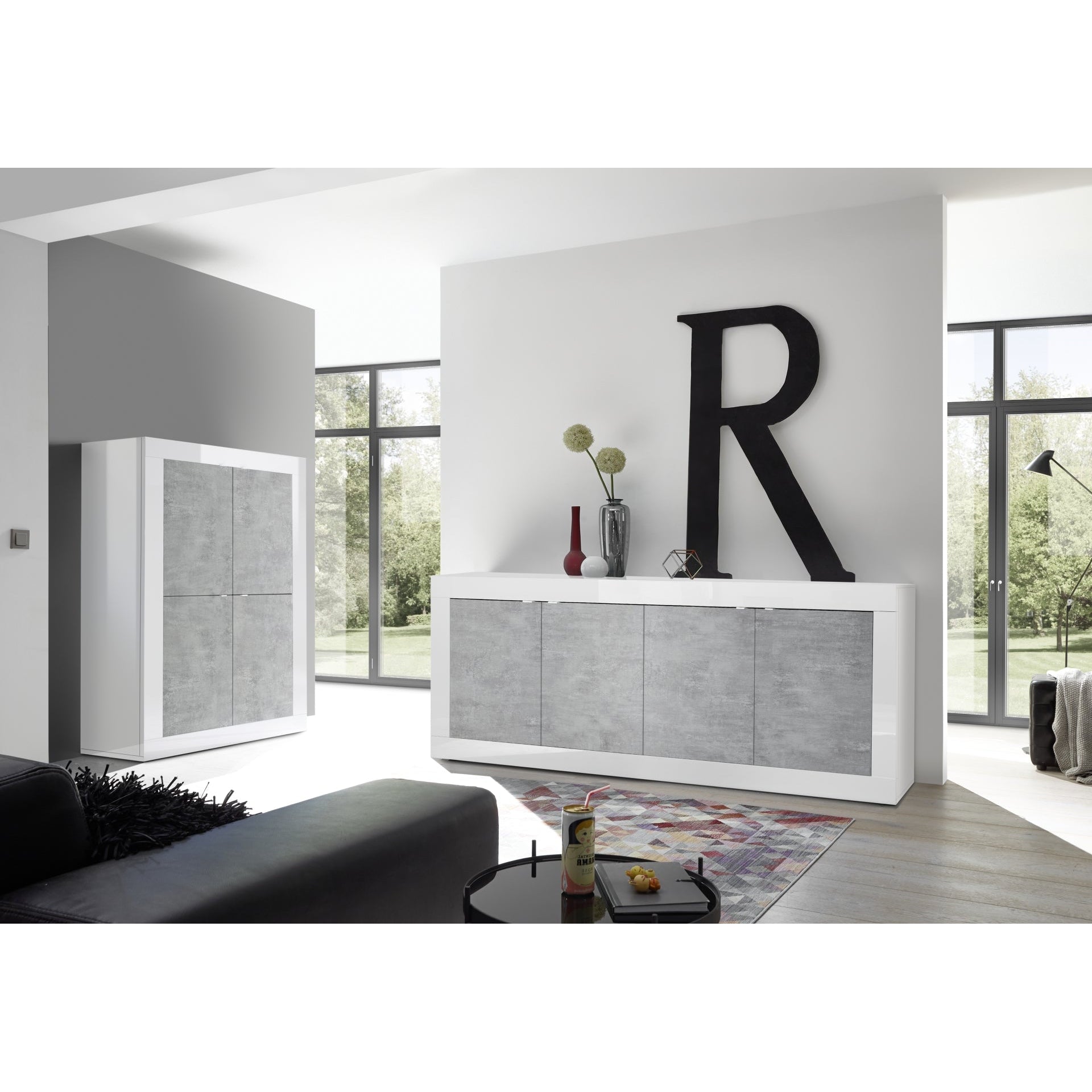 Selene Large 4 Door White Gloss and Grey Tall Sideboard/Highboard - FurniComp