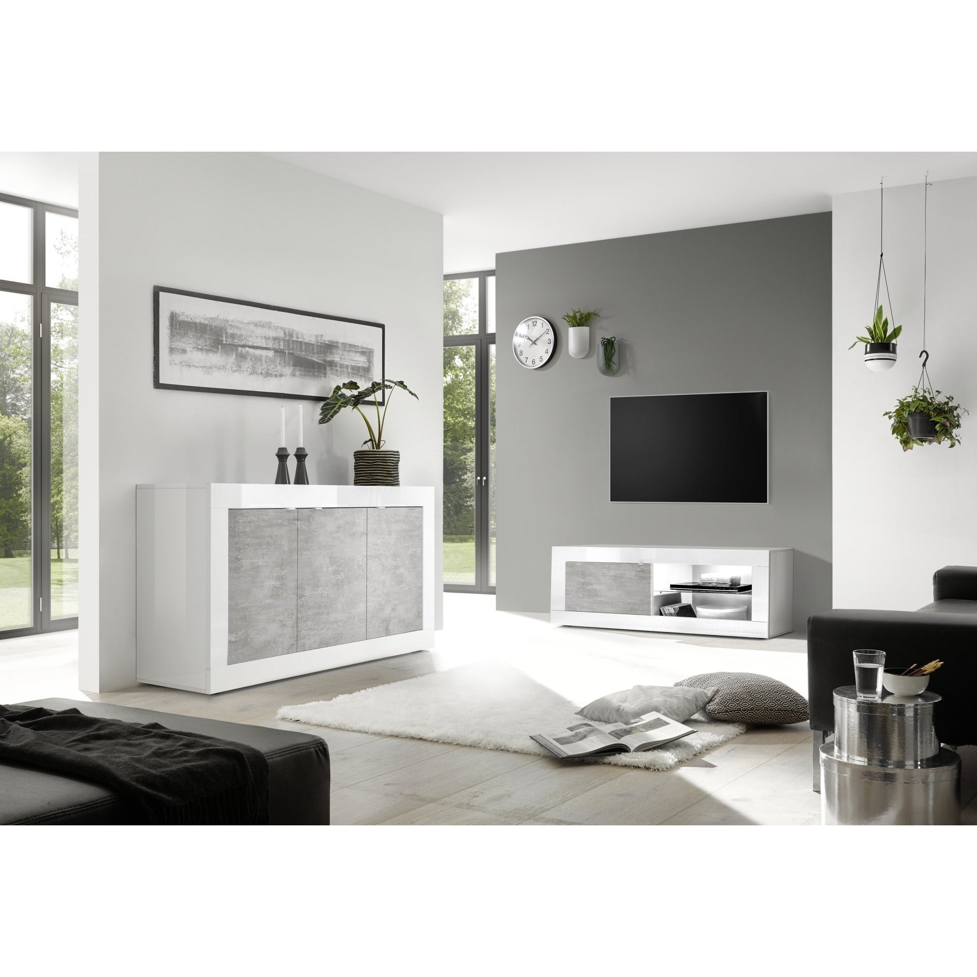 Selene 3 Door White Gloss and Concrete Grey Sideboard - FurniComp