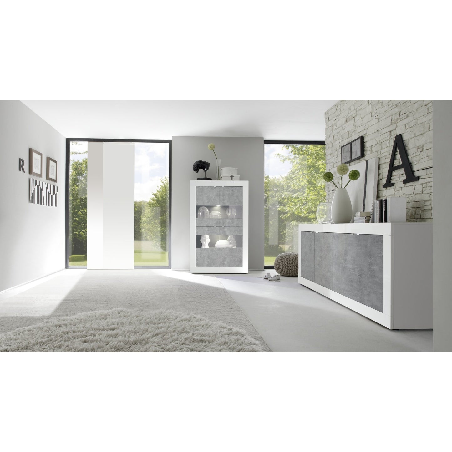 Selene Large 4 Door White Gloss and Concrete Grey Glass Display Cabinet - FurniComp