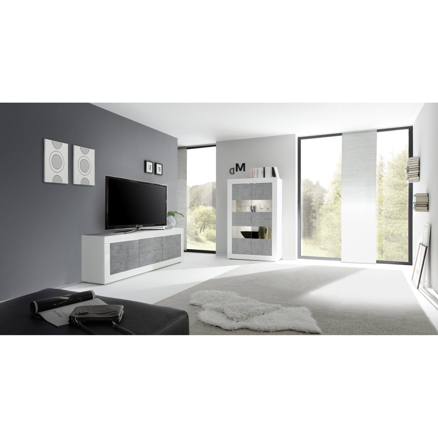 Selene Large 2 Door 2 Drawer White Gloss and Concrete Grey TV Unit - FurniComp