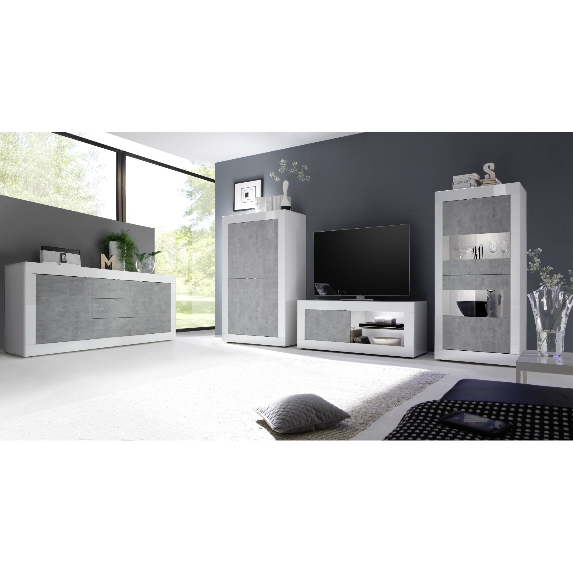 Selene 2 Door 3 Drawer White Gloss and Concrete Grey Sideboard - FurniComp