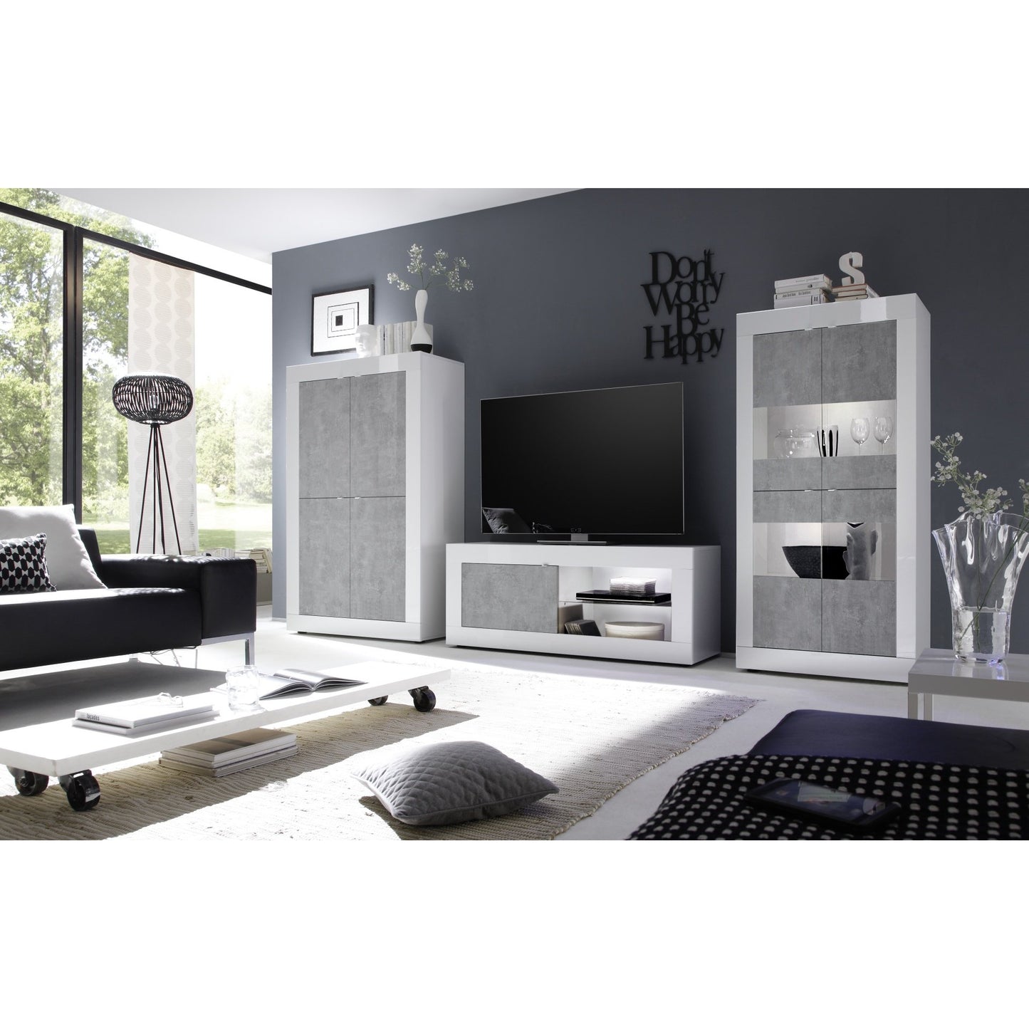 Selene Large 4 Door White Gloss and Concrete Grey Glass Display Cabinet - FurniComp