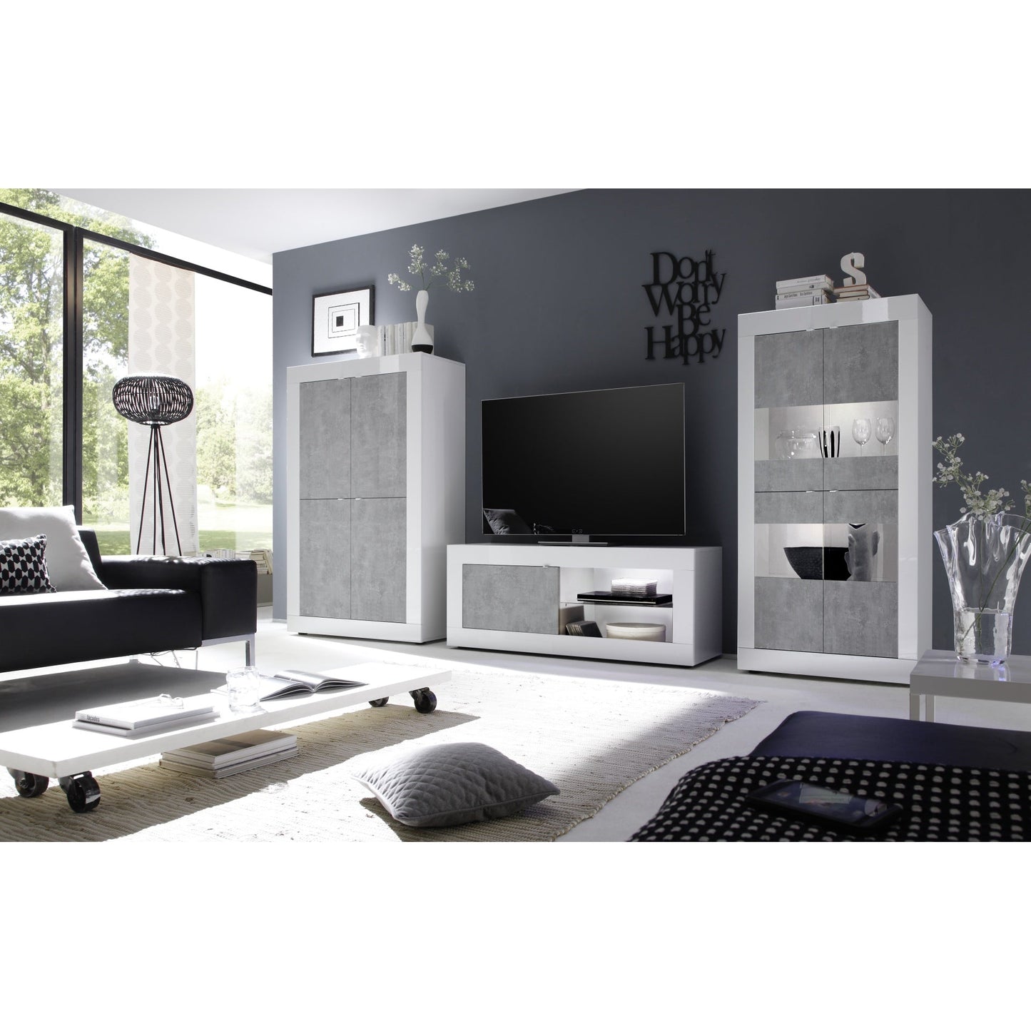 Selene Large 4 Door White Gloss and Grey Tall Sideboard/Highboard - FurniComp