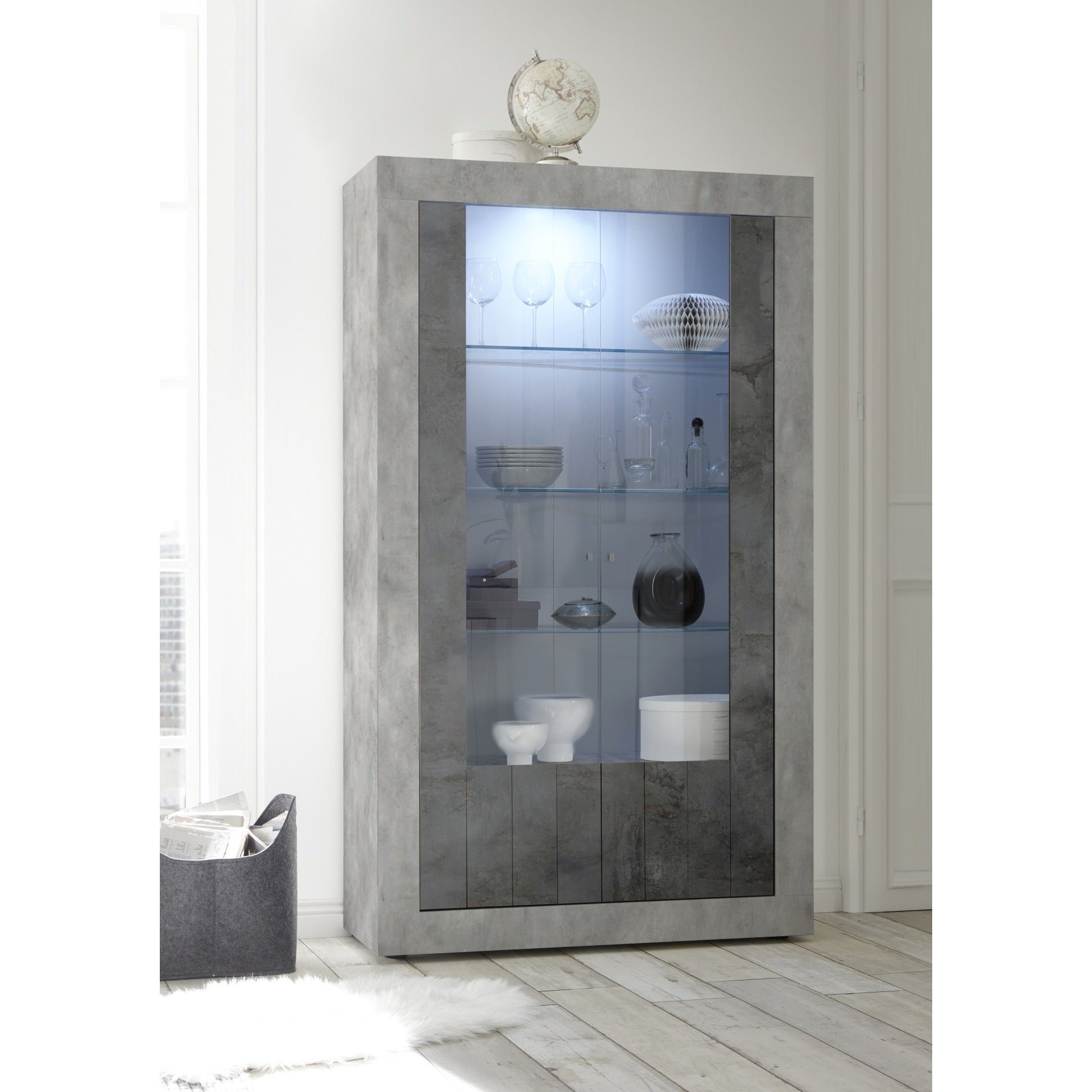 Siena 2 Door Concrete Grey and Anthracite Glass Display Cabinet - FurniComp