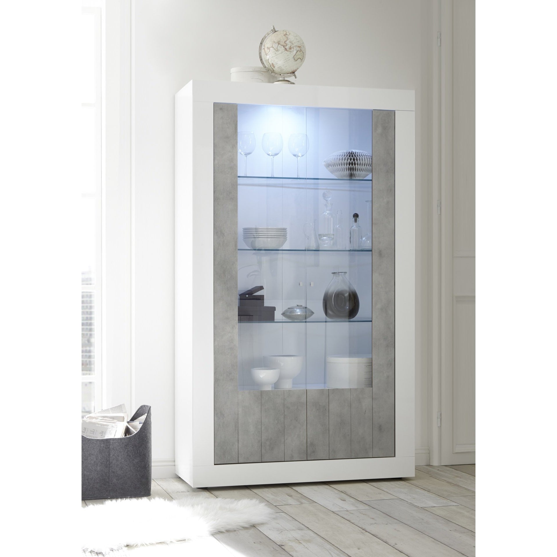 Siena 2 Door White Gloss and Concrete Grey Glass Display Cabinet - FurniComp