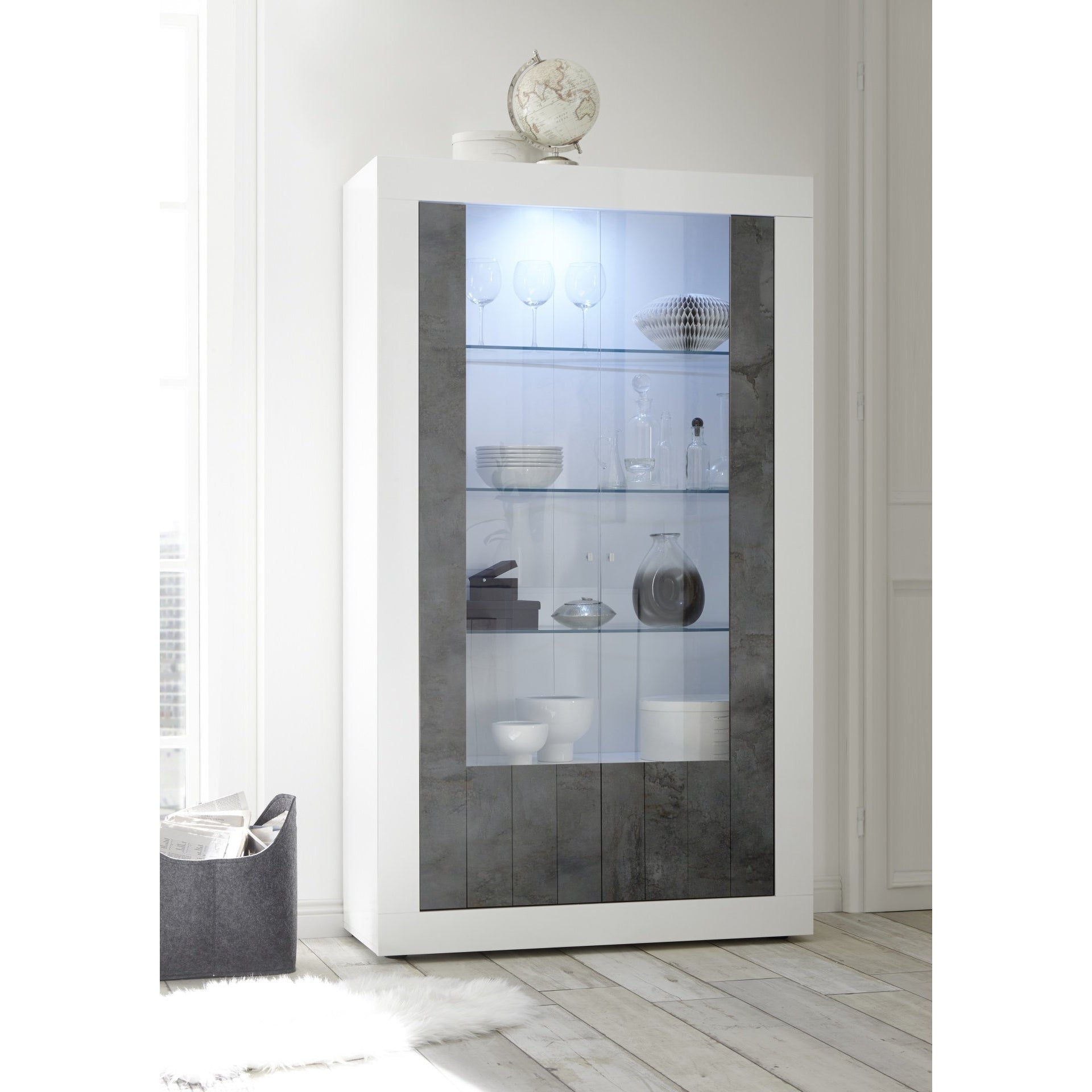 Siena 2 Door White Gloss and Oxide Glass Display Cabinet - FurniComp