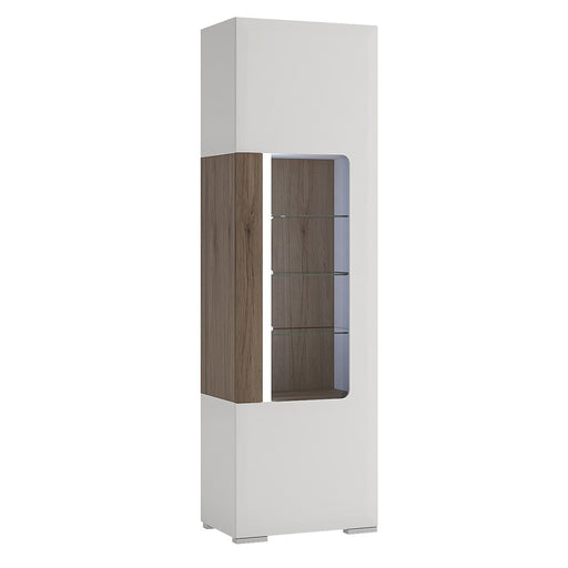 Sydney White High Gloss and Oak Tall Narrow Glazed LED Display Cabinet - FurniComp