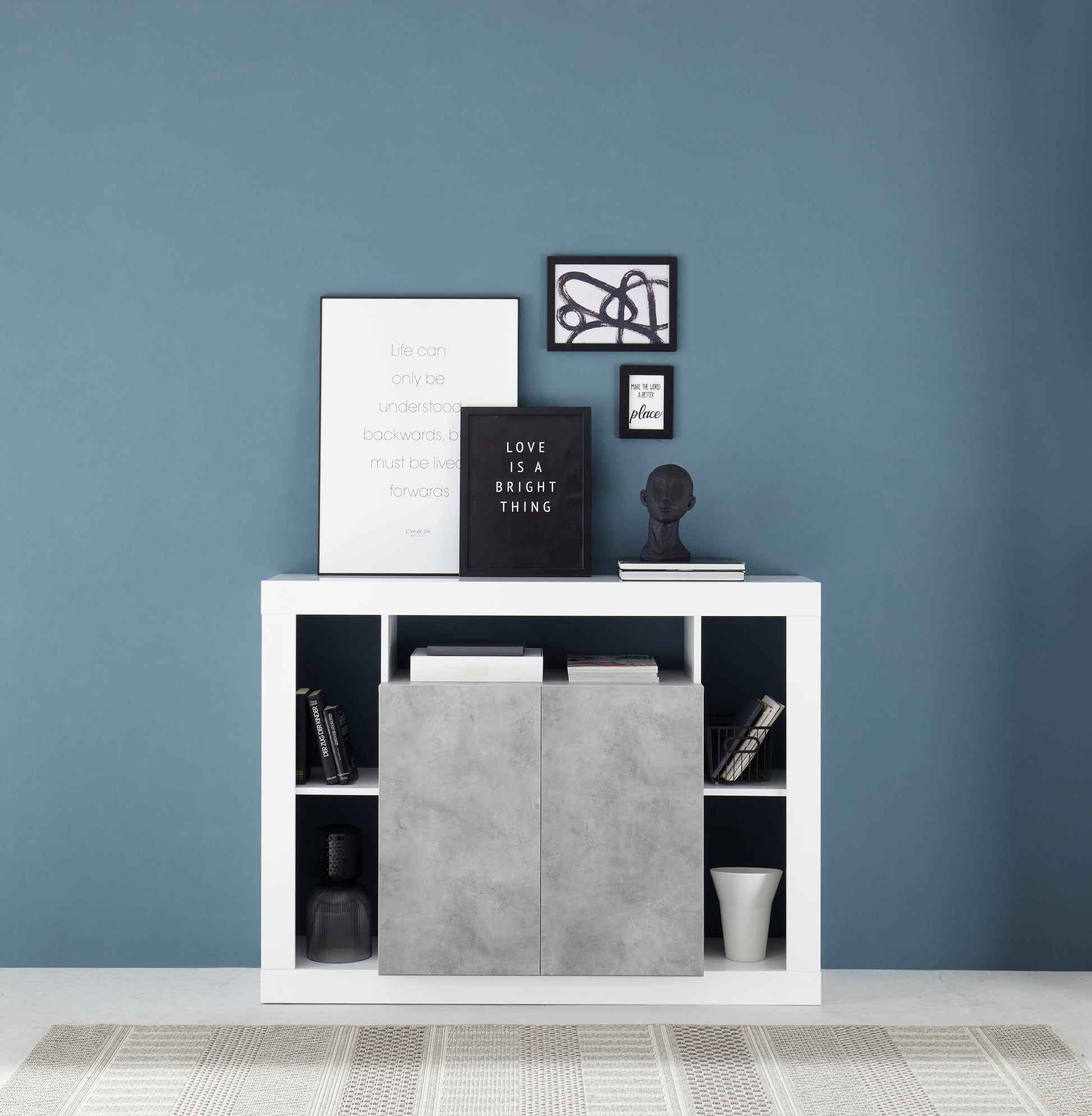 Viola 2 Door White Gloss and Concrete Grey Small Sideboard - FurniComp