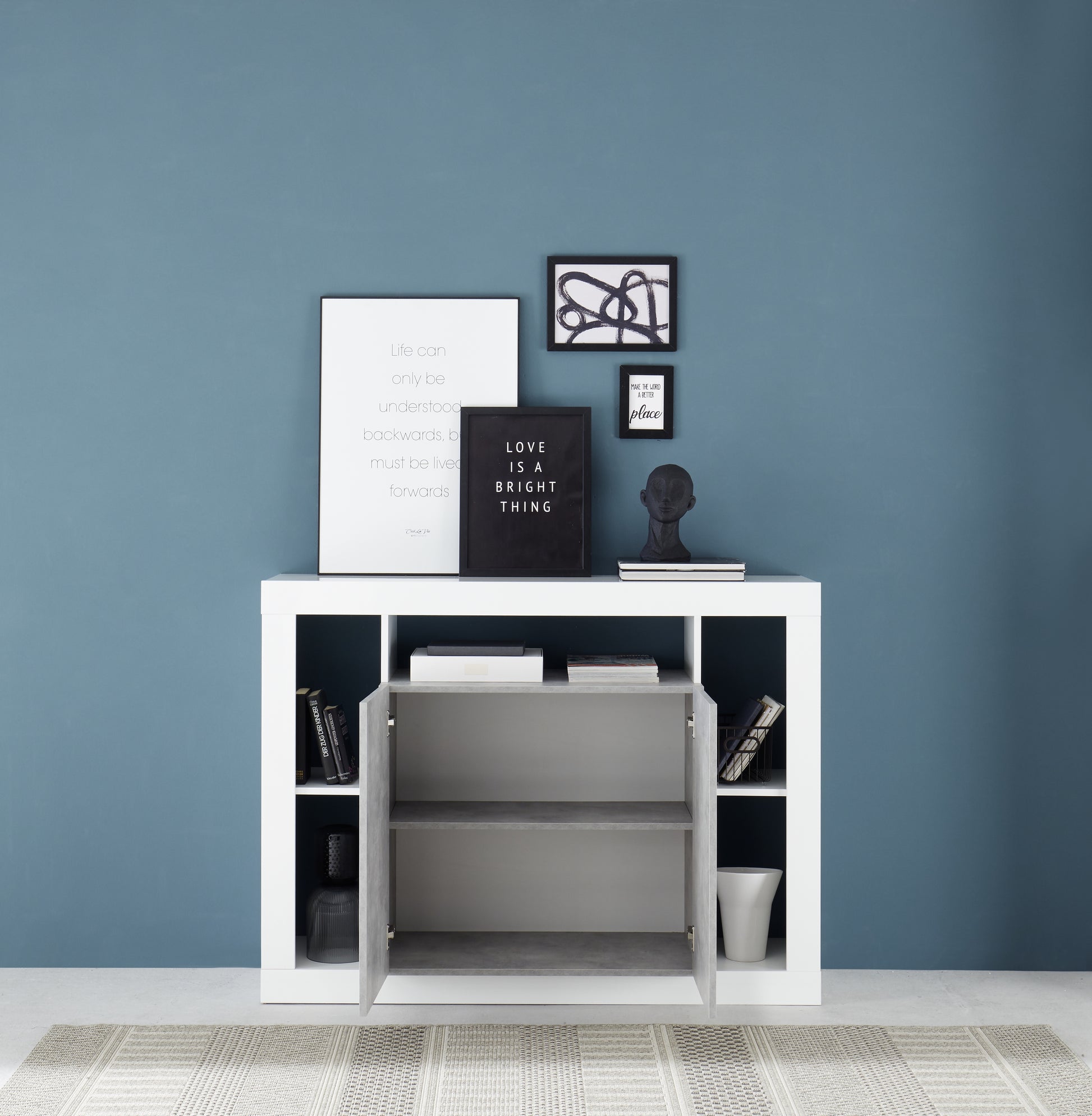 Viola 2 Door White Gloss and Concrete Grey Small Sideboard - FurniComp