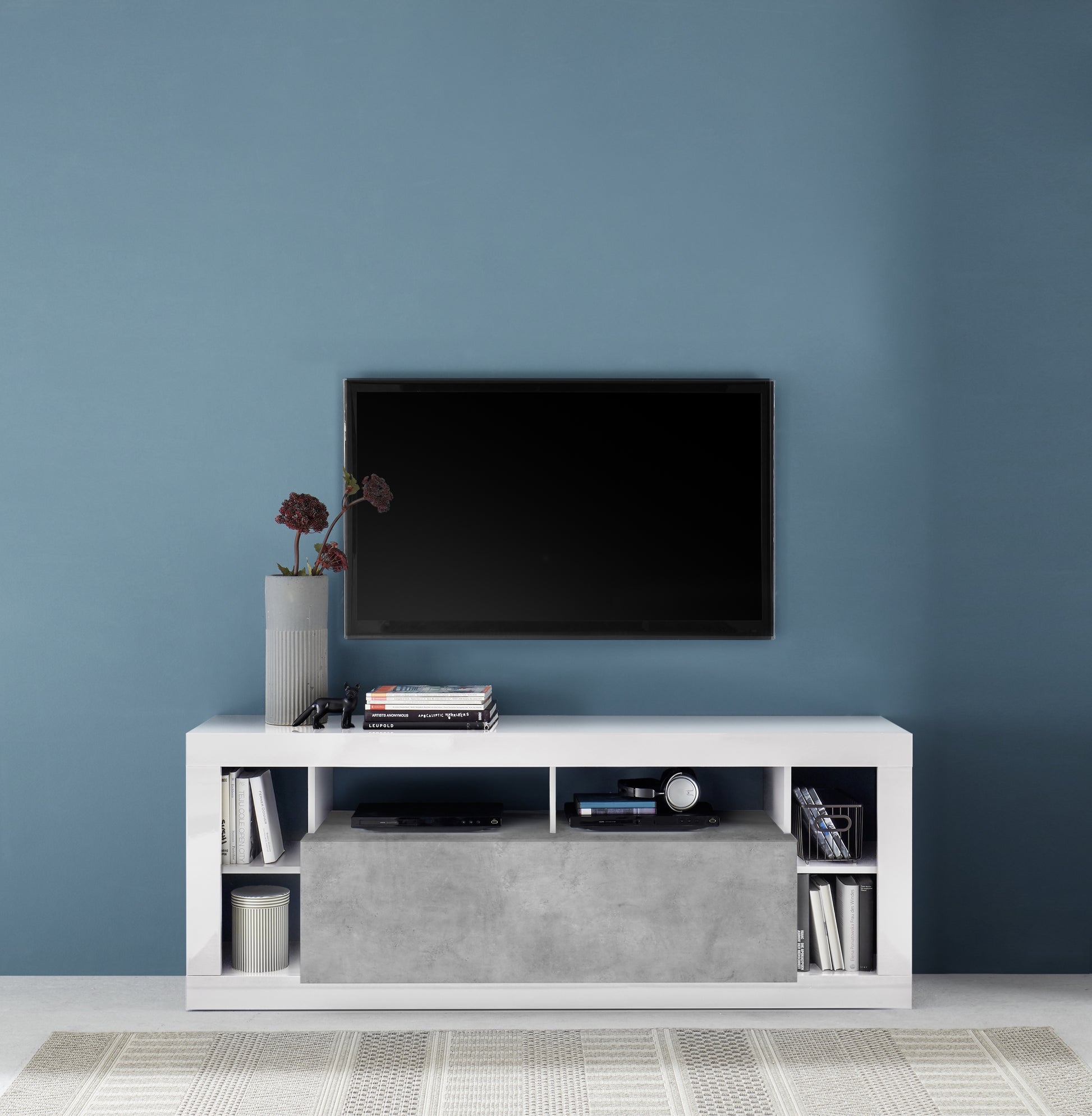 Viola 1 Door 172cm White Gloss and Concrete Grey TV Stand Up To 75 Inch - FurniComp