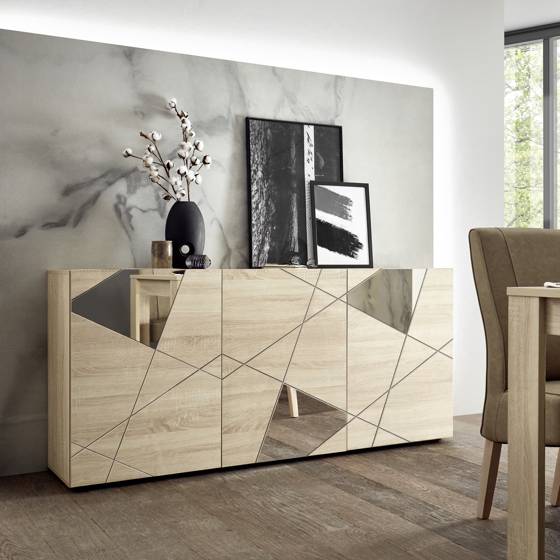 Giulia 3 Door Oak Sideboard with Mirrors - FurniComp