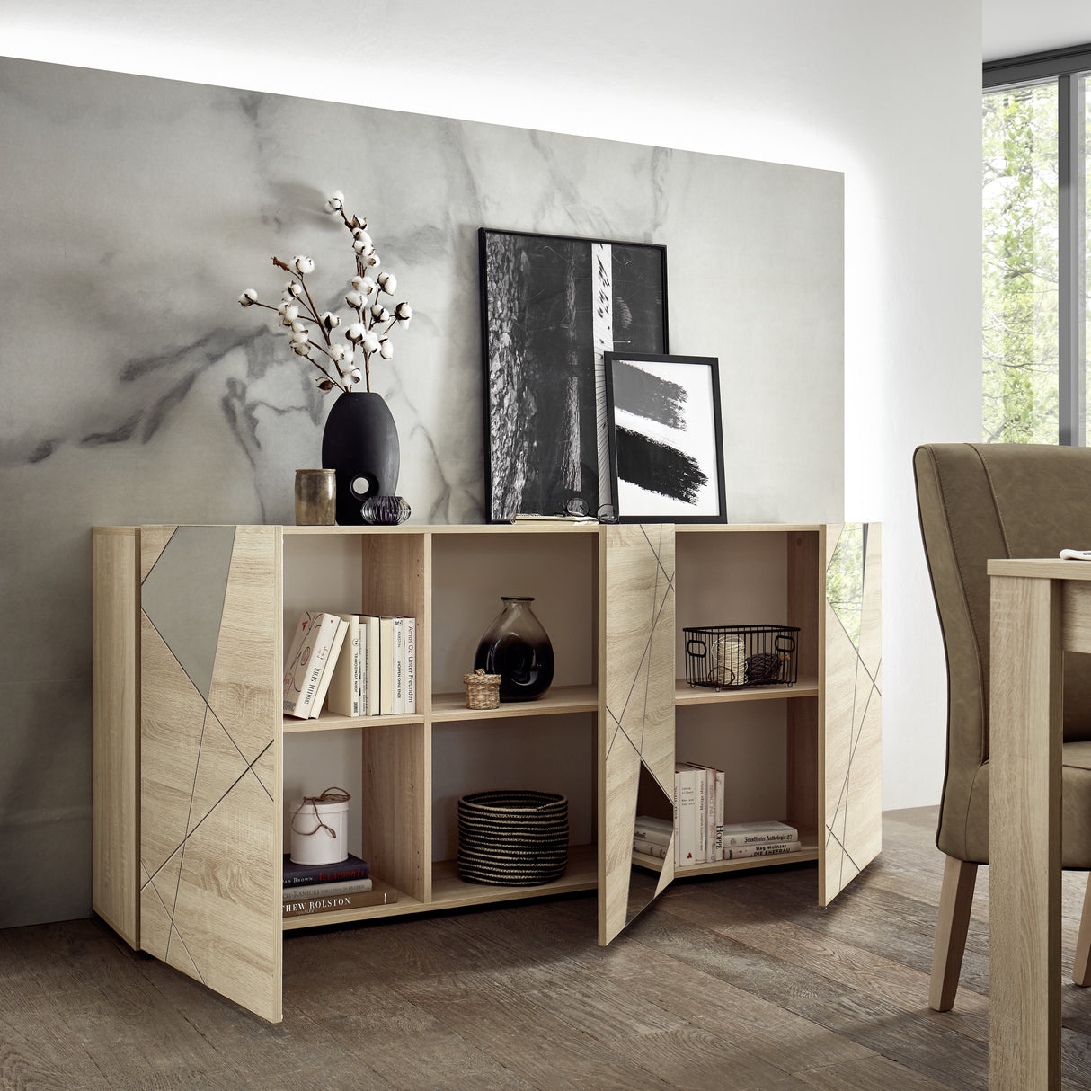 Giulia 3 Door Oak Sideboard with Mirrors - FurniComp