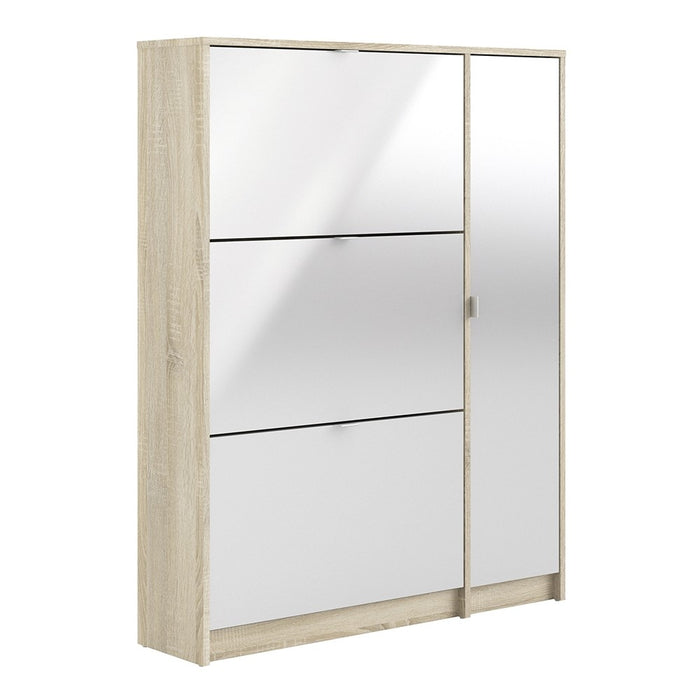 Weimar 3 Compartments and 1 Door Oak and White Gloss 2 Layer Shoe Cabinet - FurniComp