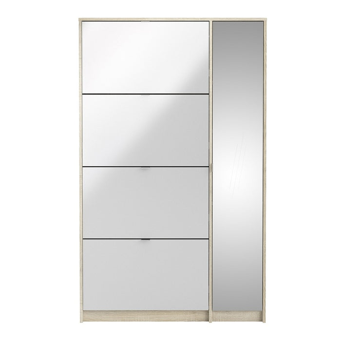 Weimar 4 Compartments and 1 Door Oak and White Gloss 2 Layer Mirrored Shoe Cabinet - FurniComp