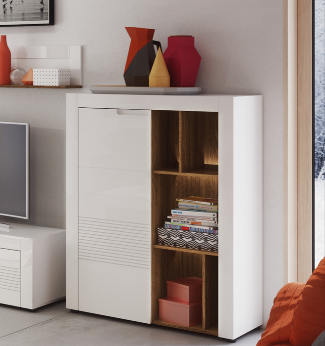 Aspire Tall White Gloss And Walnut Sideboard With Bookcase - FurniComp