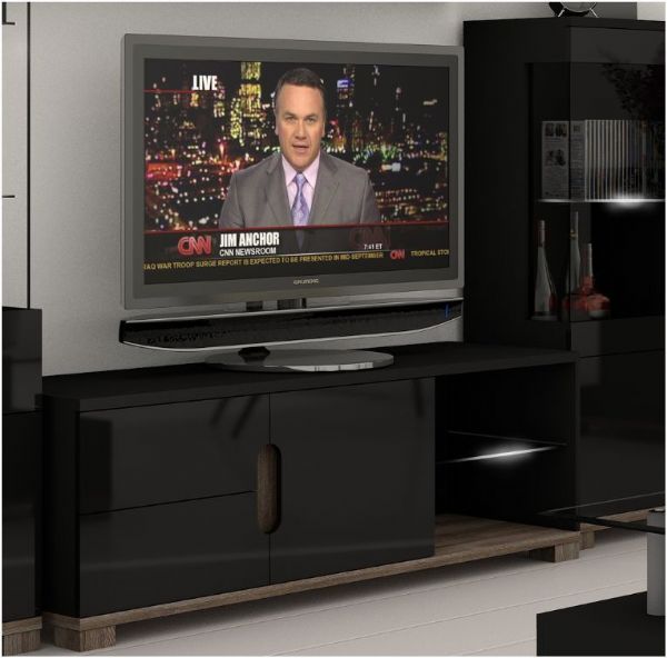 Berlin Black Gloss and Oak Effect TV and Media Unit With LED Lights - FurniComp